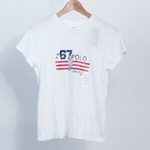 NWT Polo Ralph Lauren POLO BEAR USA Flag '67 Womens White Short T-Shirt, XS